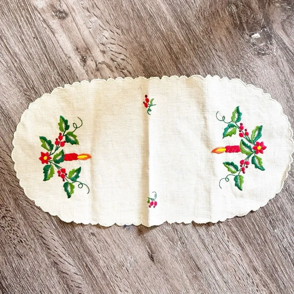 Embroidered Table Runner Dresser Scarf Scalloped Edge Linen Look Christmas Decor